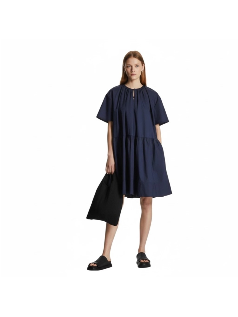 COS Navy Short-Sleeve Tiered Mini Dress